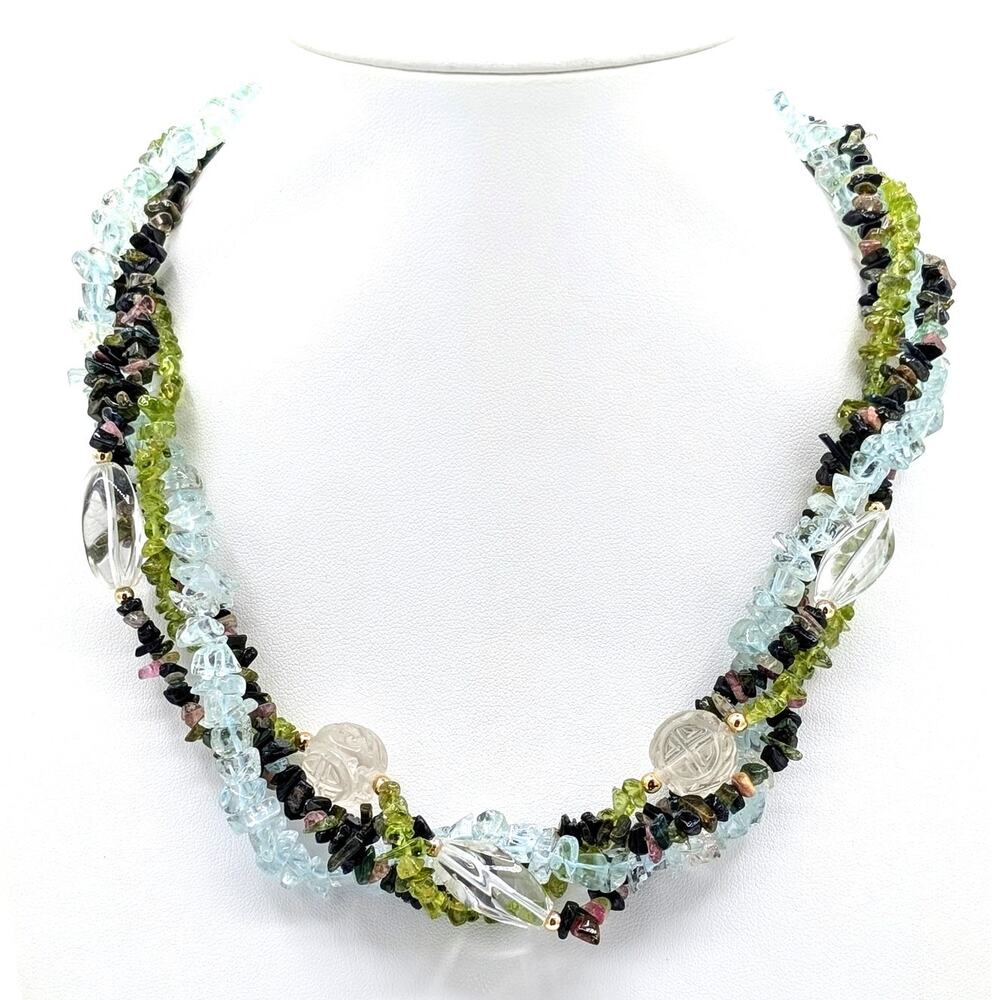 Torsade Strands Topaz Chip & Carved Peridot & Multi Gem Gold Tone Clasp Necklace